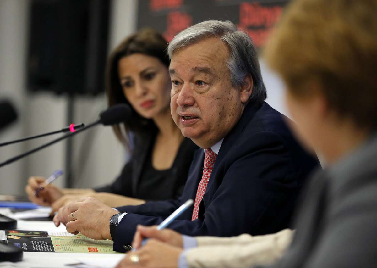 U.N. High Commissioner for Refugees Antonio Guterres speaks during a news conference in Istanbul, Turkey, Thursday, June 18, 2015. Syria overtook Afghanistan to become the world's biggest source of refugees last year, while the number of people forced from their homes by conflicts worldwide rose to a record 59.5 million, the United Nations' refugee agency said Thursday. Syria's northern neighbor, Turkey, became the world's biggest refugee host with 1.59 million refugees.(AP Photo/Emrah Gurel)