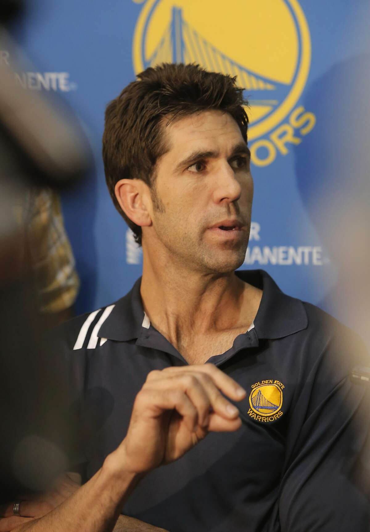 Golden State Warriors' general manager Bob Myers speaks to the media during the final press conference of the season at their practice facility in Oakland, Calif. on Thurs. June 18, 2015.