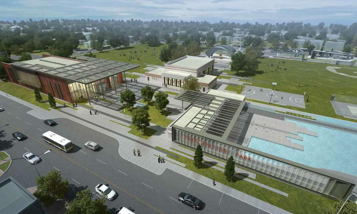 An architectural rendering of renovation plans for Emancipation Park include a new rec center, left, a renovated community center, middle, and an upgraded pool and pool house, right. (Freelon Group Architects)