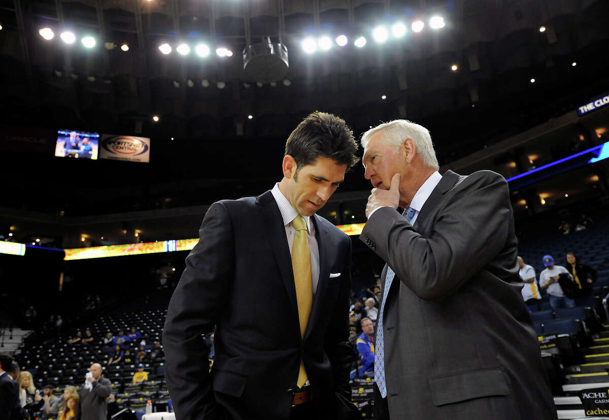 Bob Myers consults with executive board member Jerry West, a Hall of Famer with the Lakers who is now part of Warriors management’s inner circle.