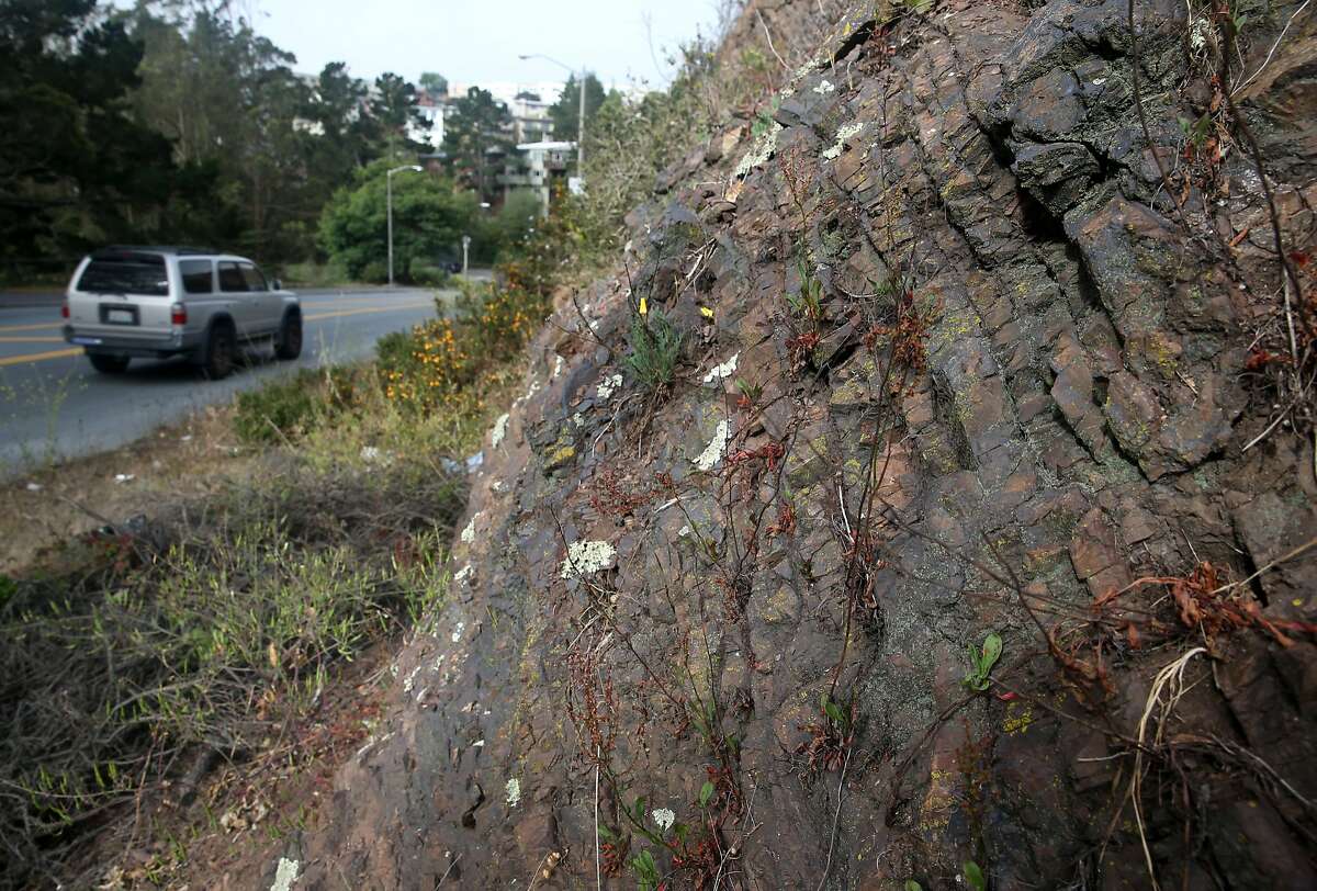 Cars drive on O'Shaugnessy Boulevard past rock formations known as radiolarian chert in San Francisco, Calif. on Friday, June 19, 2015.