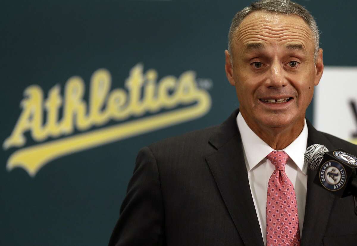 Baseball Commissioner Rob Manfred speaks during a media conference Friday, June 19, 2015, prior to a baseball game between the Los Angeles Angels and the Oakland Athletics in Oakland, Calif. (AP Photo/Ben Margot)