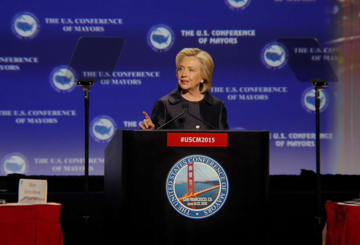 Democratic presidential candidate Hillary Clinton speaks before the U.S. Conference of Mayors in San Francisco, California, on Saturday, June 20, 2015. Clinton spoke about the shooting in Charleston and the continued existence of racism in the United States.