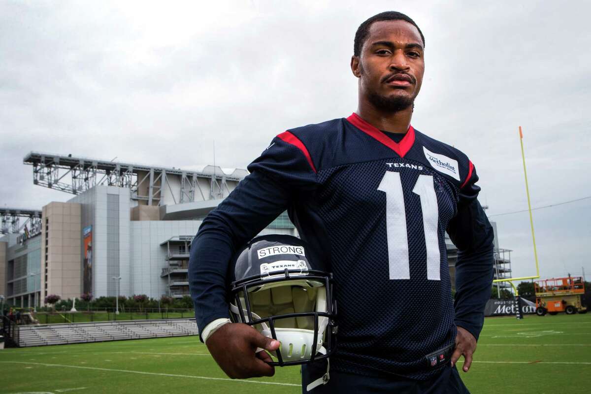 Receiver Jaelen Strong, the Texans' third-round pick, has come a long way since playing community college football. He no doubt draws some of his athletic ability from his late father (inset), who was a college basketball star at Drexel.