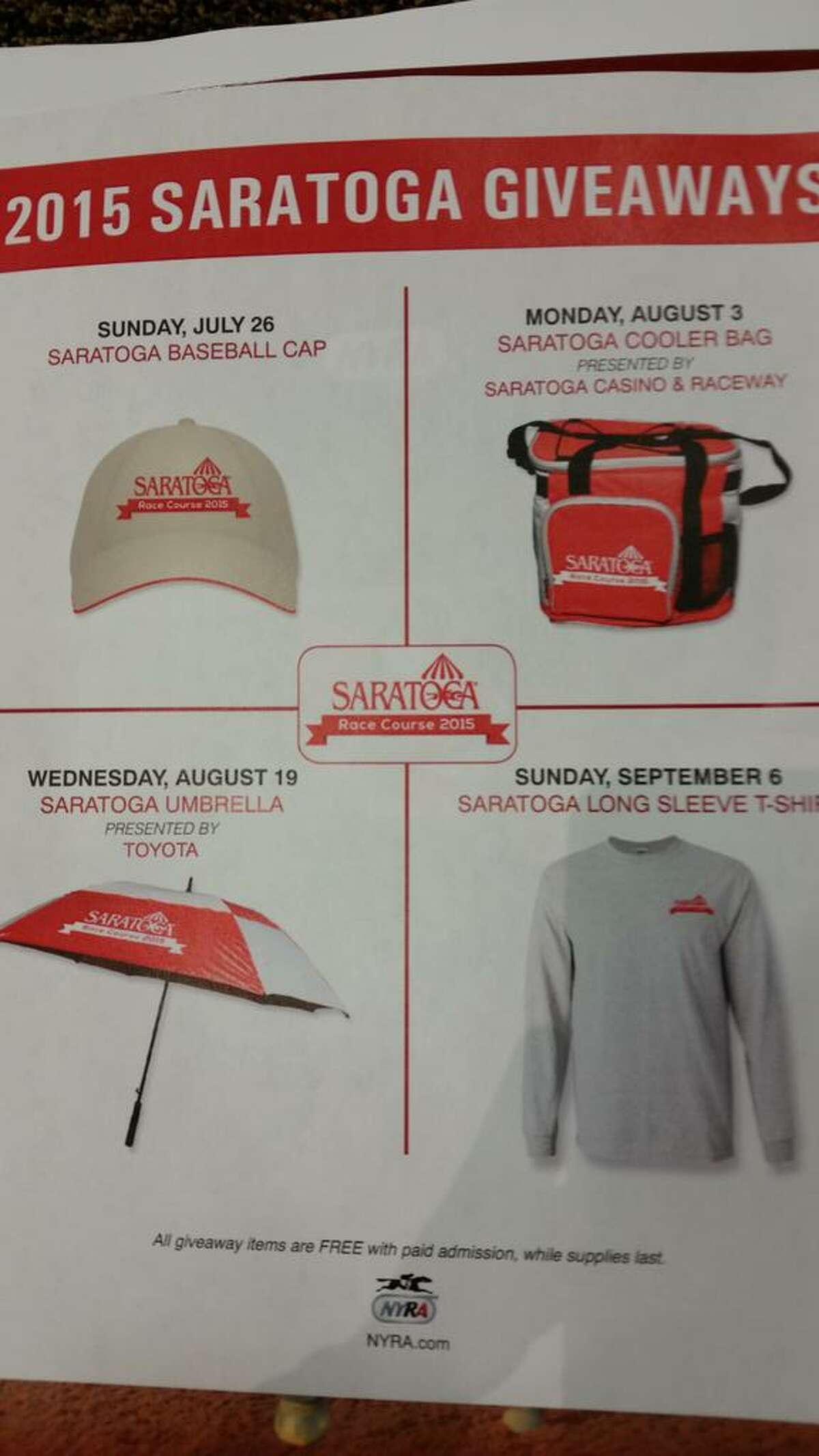 Here are the giveaways for this year's race meet in Saratoga Springs