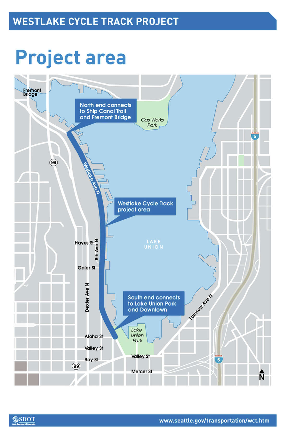 This city of Seattle map depicts the pathway of a proposed Westlake cycle track. The $3.6 million cycle track project would add 1.2 miles of protected, lighted bike path meant to connect northwest Seattle with South Lake Union and downtown.