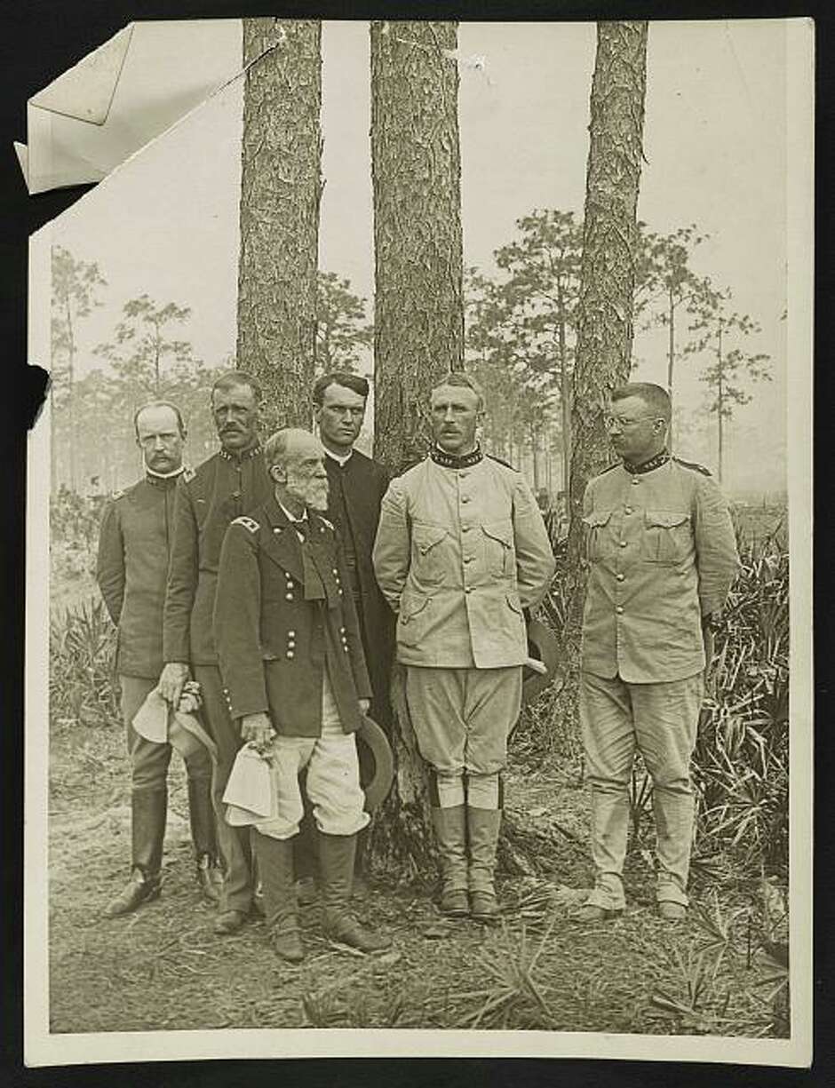 Wheeler, now a U.S. Army general, commanded all cavalry troops in Cuba in the Spanish-American War. Theodore Roosevelt is at far right.
