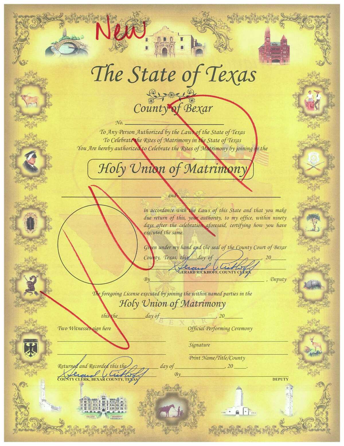 Pictured, a revised marriage license to be issued by the Bexar County Clerk's Office. The new license removes gender references in anticipation of a ruling from the U.S. Supreme Court legalizing same-sex marriage in all 50 states.