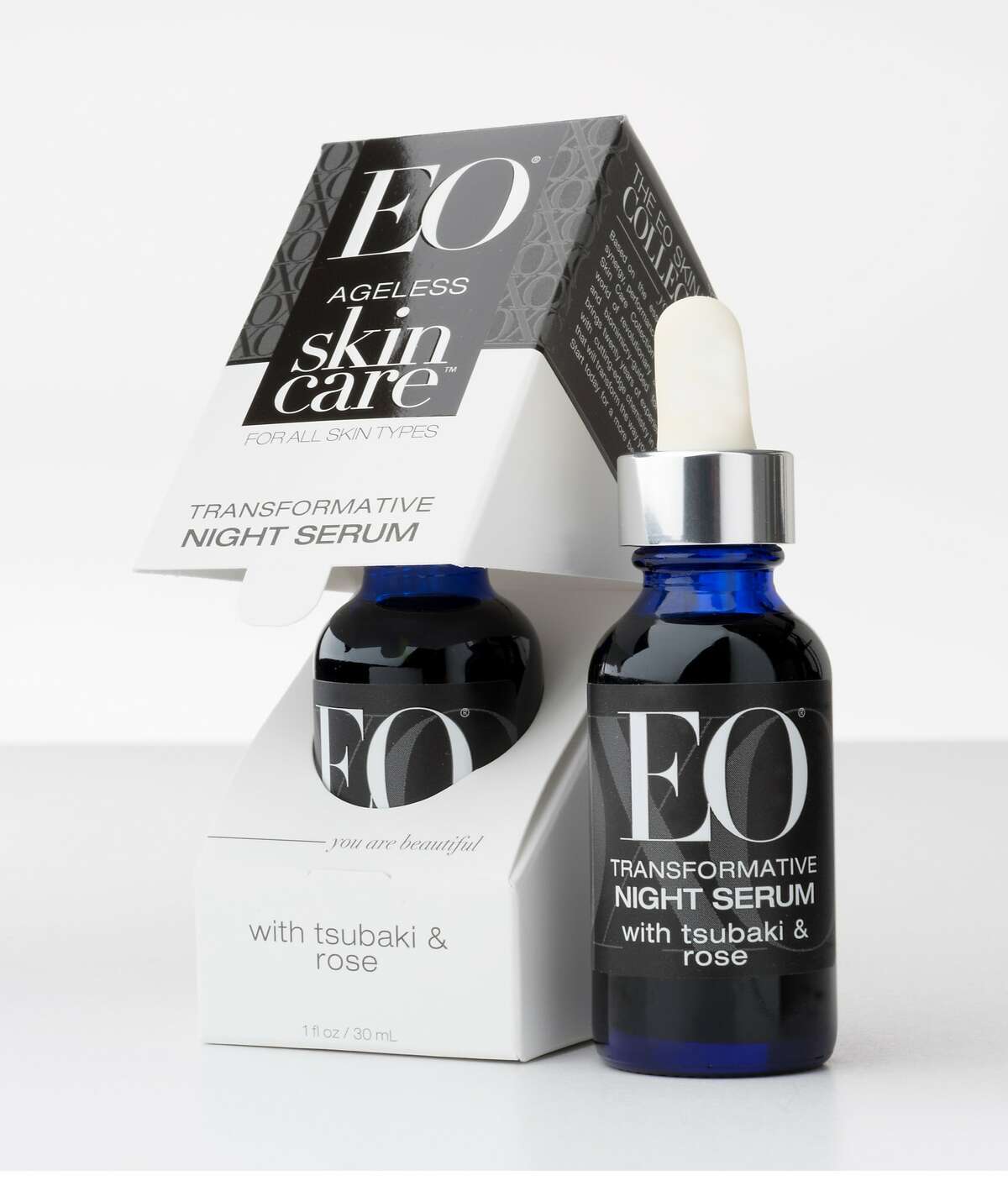 EO Products Ageless Skin Care Transformative Night Serum with Tsubaki and Rose. Available at www.eoproducts.com.