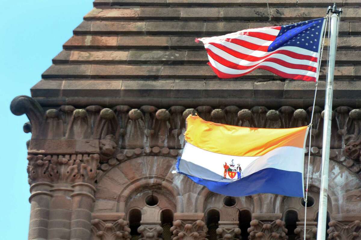 The City of Albany flag is derived from the flag flown by the Dutch West India Company, which trafficked in the slave trade. Status: Still present. (Cindy Schultz / Times Union)