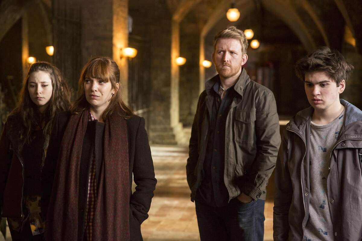 When the Hawkins family is introduced to their first artificially intelligent domestic helpmate, each has a different reaction in 'Humans,' an original series on AMC. Pictured: Lucy Carless, Katherine Parkinson, Tom Goodman-Hill and Theo Stevenson. June 2015 Lucy Carless as Mattie Hawkins, Katherine Parkinson as Laura Hawkins, Tom Goodman Hill as Joe Hawkins and Theo Stevenson as Toby Hawkins - Humans _ Season 1, Episode 8- Photo Credit: Colin Hutton/Kudos/AMC/C4