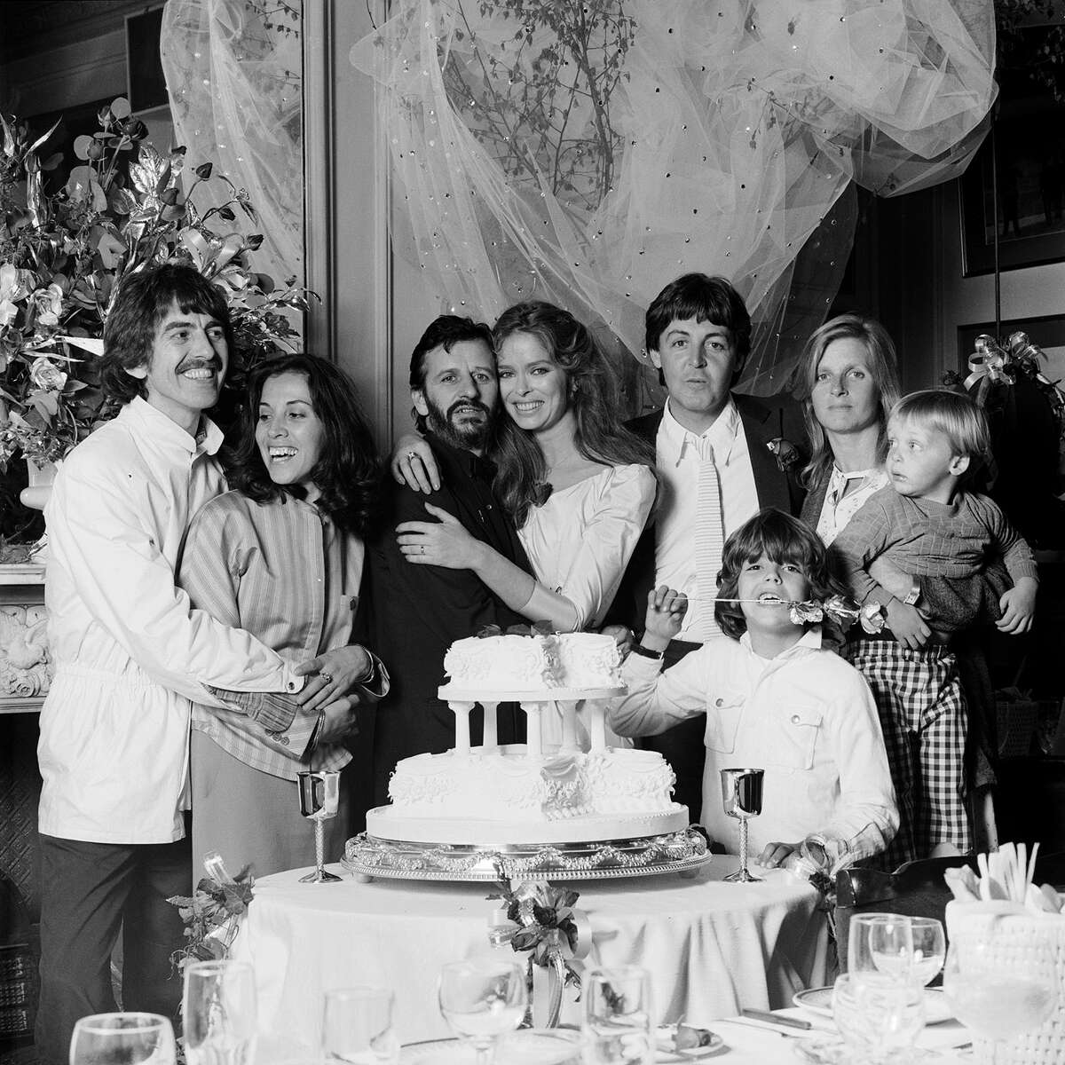Ringo Starr and Barbara Bach's wedding day, April 27, 1981, with the two other surviving Beatles and their families. Linda McCartney is holding James, her son with Paul McCartney. The other child is Bach's by a previous marriage, Gianni Gregorini.