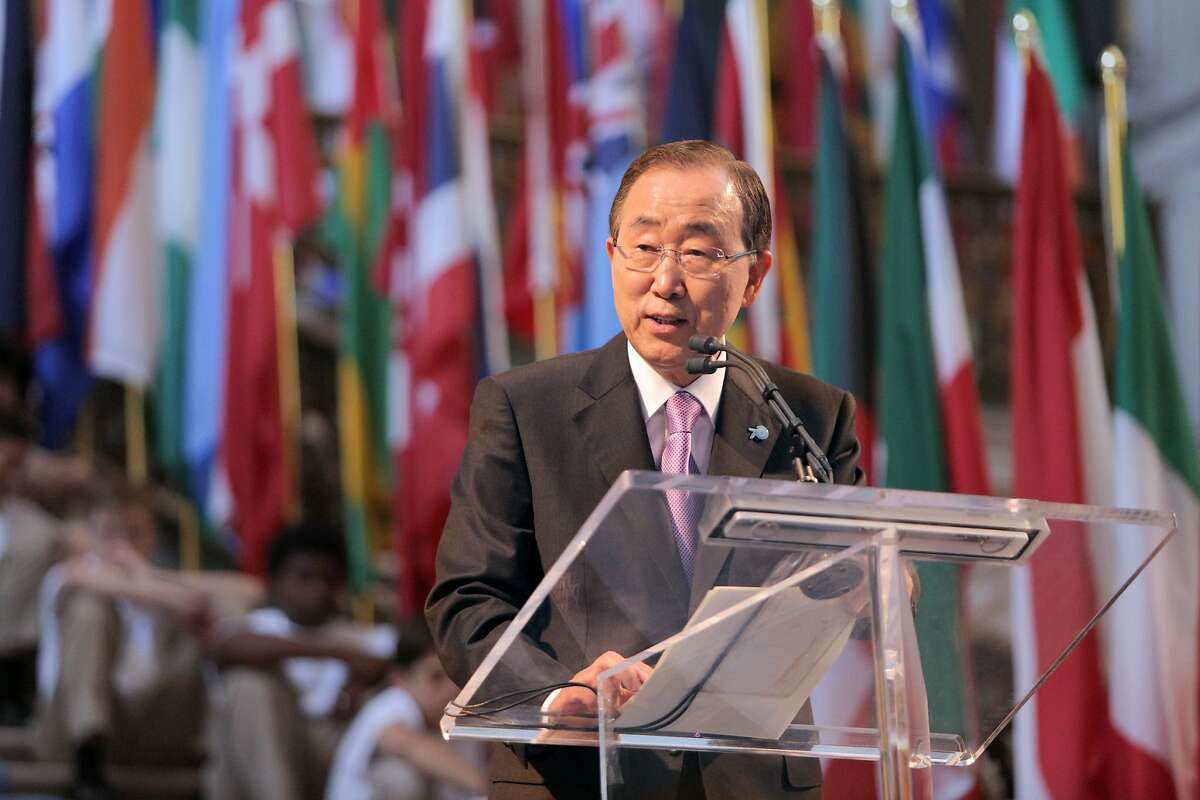 UN Secretary General Ban Ki-moon speaks at a San Francisco City Hall celebration of the signing of the UN Charter in San Francisco 70 years prior, on Friday, June 26, 2015.
