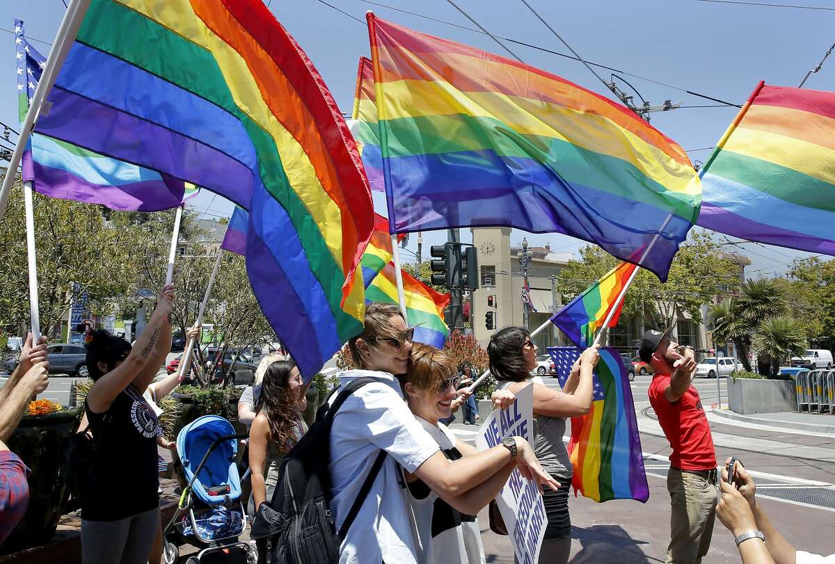 People celebrate the Supreme Court's gay marriage decision in the Castro neighborhood in San Francisco, California, on Friday, June 26, 2015.