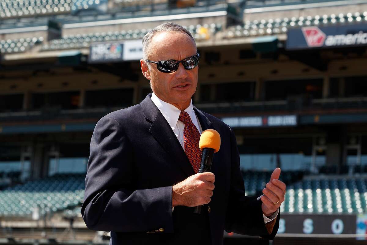 SAN FRANCISCO, CA - JUNE 25: Commissioner of Major League Baseball Rob Manfred speaks before the game between the San Francisco Giants and the San Diego Padres at AT&T Park on June 25, 2015 in San Francisco, California. (Photo by Jason O. Watson/Getty Images)