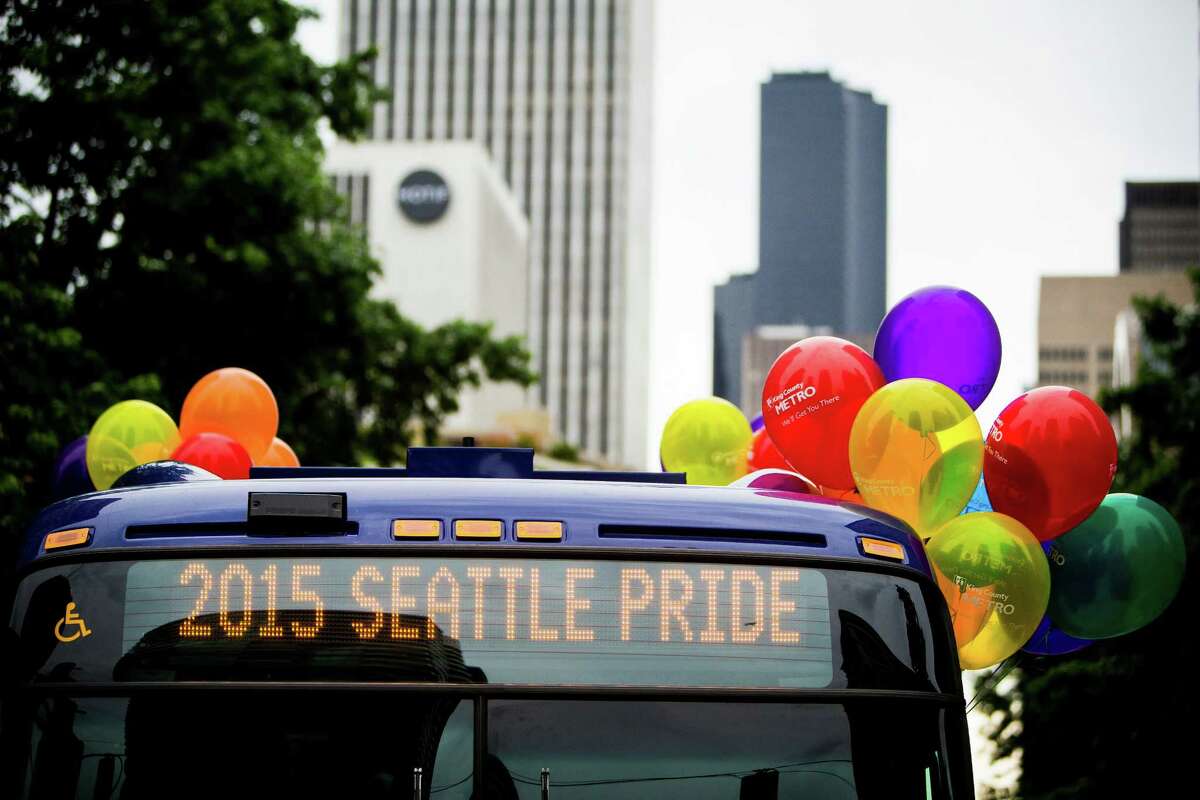 A metro bus's banner shows off during the 41st annual Pride Parade, photographed Sunday, June 28, 2015, in Seattle, Washington. Last Friday, the Supreme Court ruled a 5-to-4 vote that the Constitution guarantees a right to same-sex marriage.