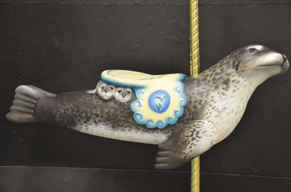 This painted harbor seal will be part of a carousel to be built in a new pavilion in Mill River Park.