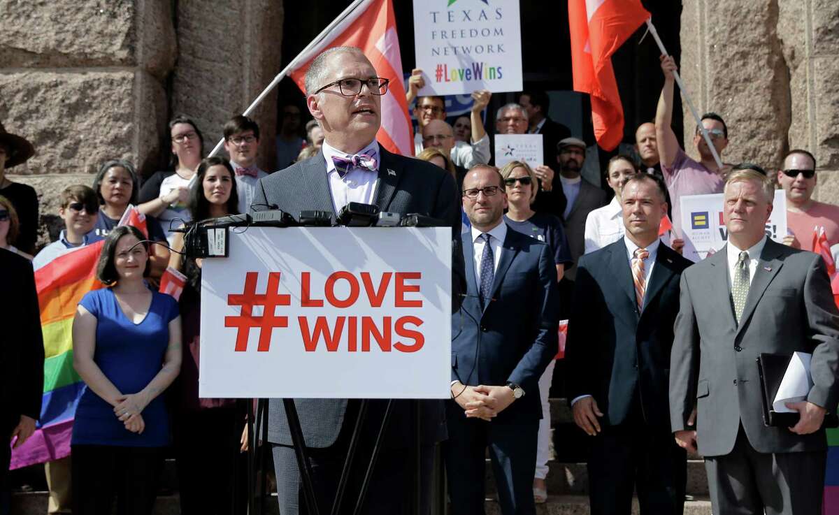 Jim Obergefell, the named plaintiff in the ﻿Supreme Court case that legalized same sex marriage nationwide, joins a rally Monday in Austin staged by those favoring the ruling. ﻿﻿
