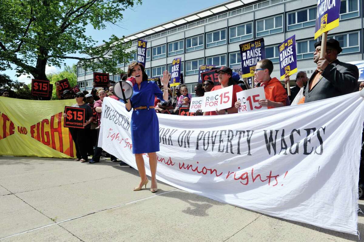 Lieutenant Governor Kathy Hochul addresses fast-food workers and their supporters outside the Department of Labor, prior to a meeting of the Wage Board on on Monday, June 29, 2015, in Albany, N.Y. The board is tasked with considering if it should recommend a higher minimum wage for fast-food workers. (Paul Buckowski / Times Union)