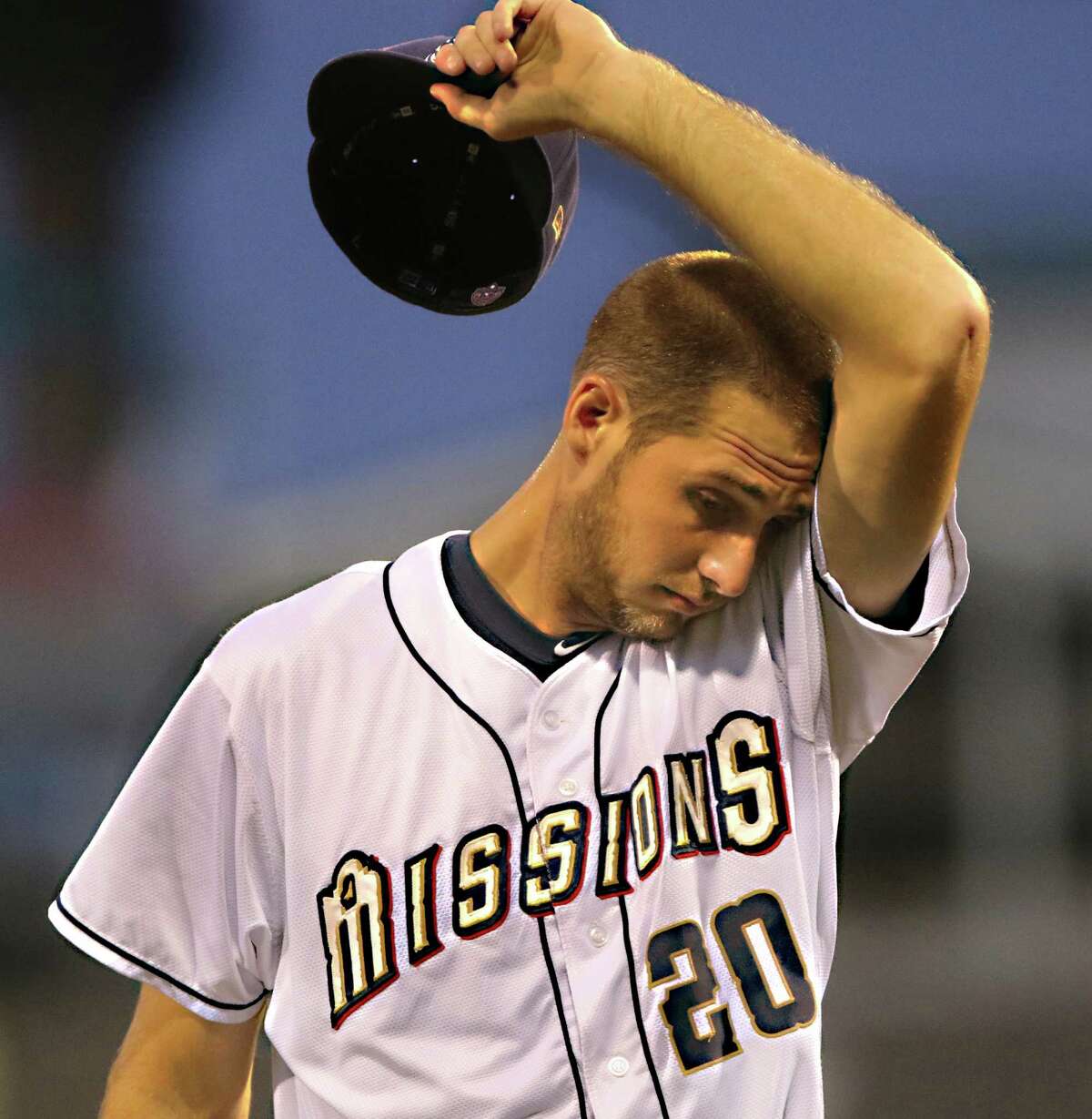 Justin Hancock leaves the mound at the end of fourth inning during the Texas League All-Star Game at Whataburger Field in Corpus Christi.