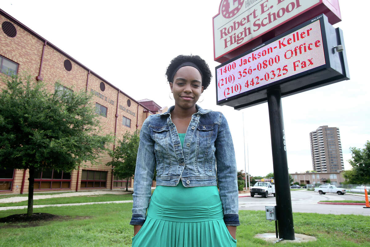 Robert E. Lee High School student Kayla Wilson stands in front of the campus. An online petition to change its name that she created had 11,000 signatures as of Tuesday.