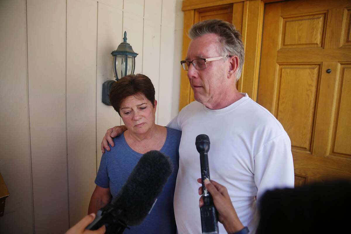 Liz Sullivan (l to r) and Jim Steinle, parents of Kathryn Steinle, talk to members of the media at their home on Thursday, July 2, 2015 in Pleasanton, Calif.