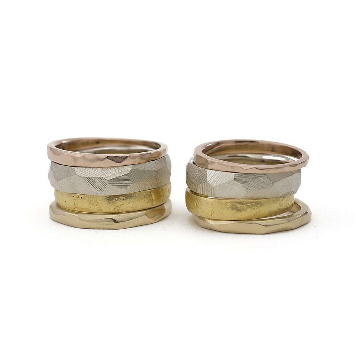 “KR-stack”Custom wedding bands by designer Kendra Renee. Adam Neeley hosts a Designer Trio Benefit trunk show featuring jewelry by Kendra Renee, Isabelle Posillico, and Genevieve Yang on Sat. July 11 from 2 p.m.-5 p.m. at 2030 Union St., Suite A, S.F.