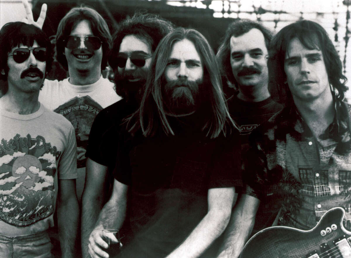 Grateful Dead band members, from left, Mickey Hart, Phil Lesh, Jerry Garcia, Brent Mydland, Bill Kreutzmann, and Bob Weir, shown before Garcia’s deathin 1995. The remaining members are giving three final concerts in Chicago’s Soldier Field that are being simulcast throughout the country.