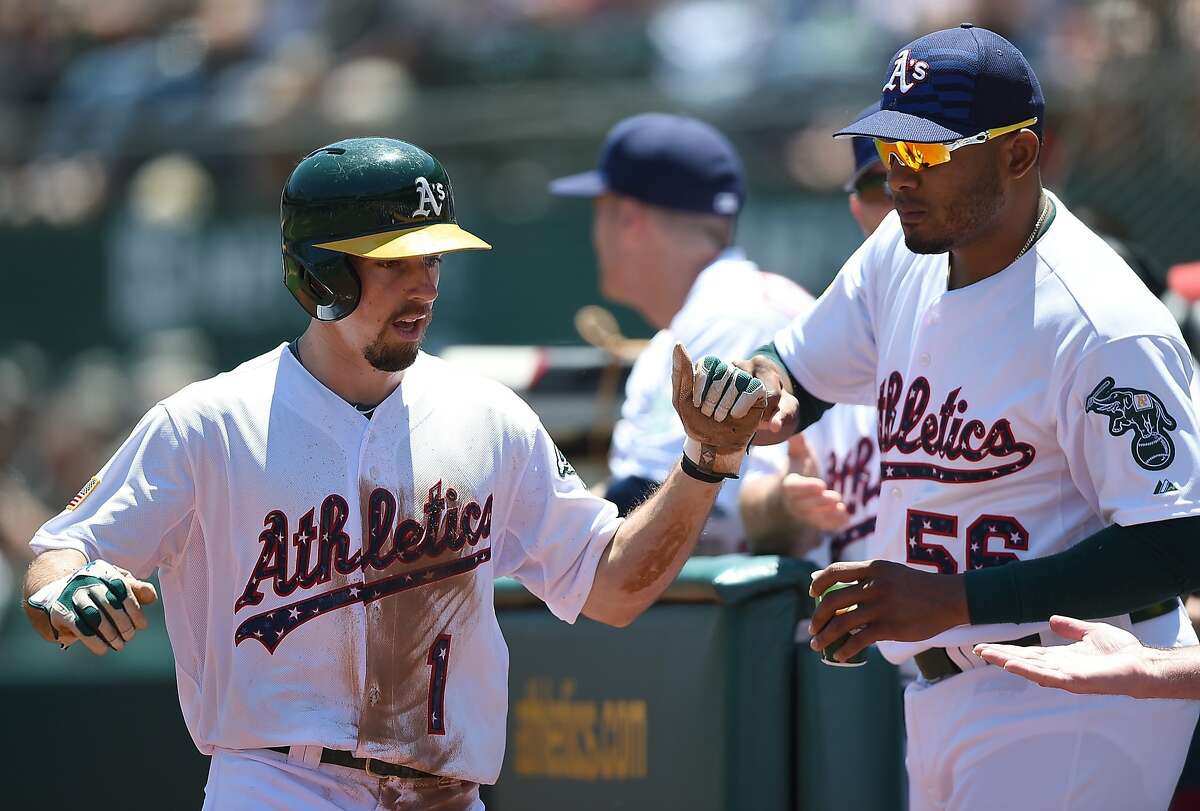 OAKLAND, CA - JULY 04: Billy Burns #1 of the Oakland Athletics is congratulated by Fernando Abad #56 after Burns scored against the Seattle Mariners in the bottom of the first inning at O.co Coliseum on July 4, 2015 in Oakland, California. (Photo by Thearon W. Henderson/Getty Images)