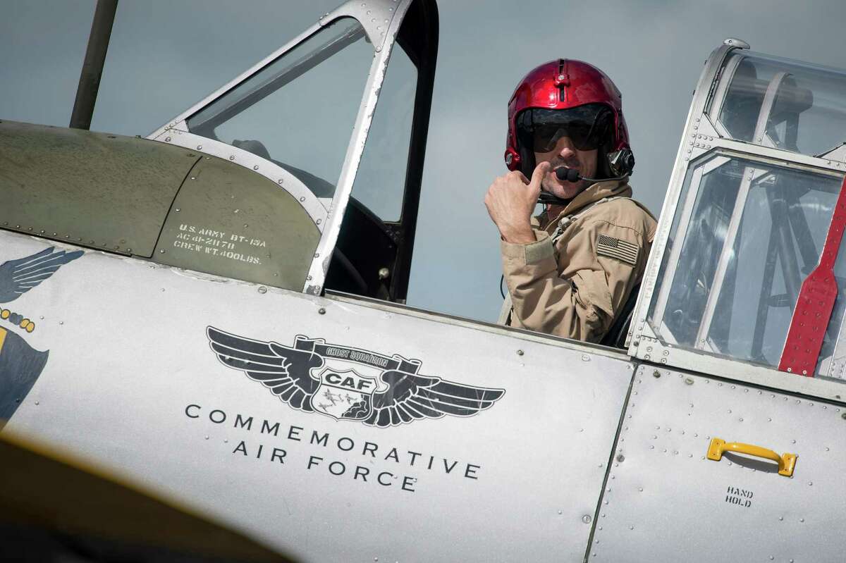 Pilot John "Jedi" Cotter prepares for takeoff in a Vultee BT-13A Valiant during the Commemorative Air Force Independence Day air show, Saturday, July 4, 2015, at Stinson Municipal Airport in San Antonio. (Darren Abate/For the Express-News)