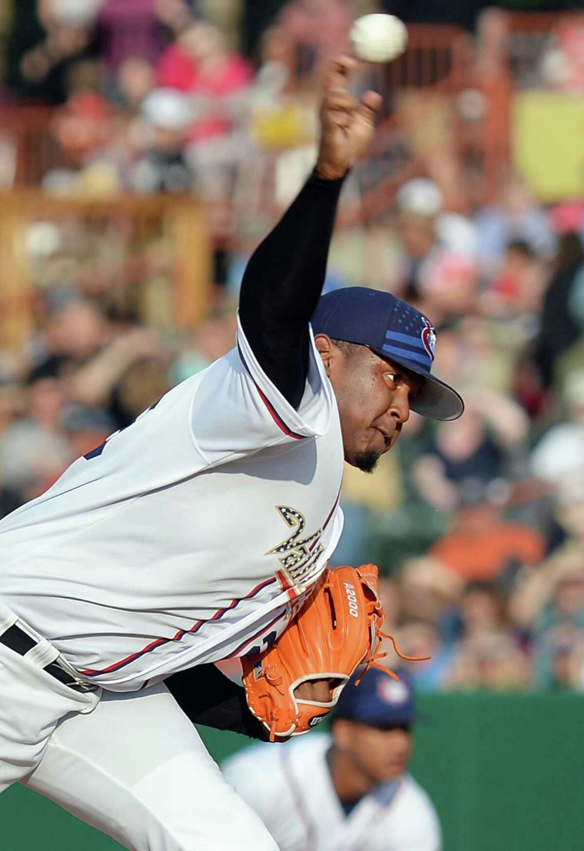 Tri-City ValleyCats starting pitcher Rogelio Armenteros in action against the Lowell Spinners Saturday July 4, 2015 at Joe Bruno Stadium in Troy, NY. (John Carl D'Annibale / Times Union)