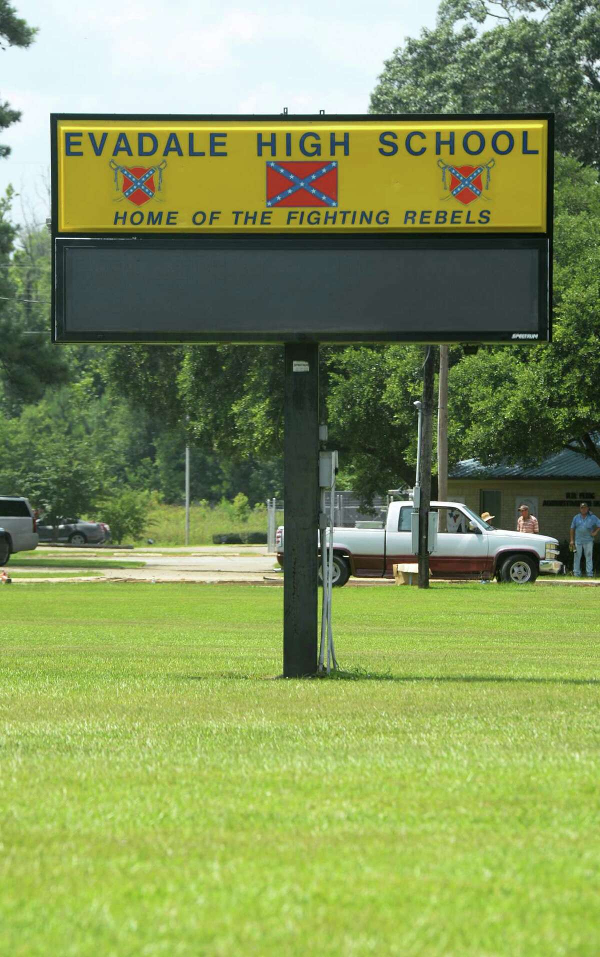 Along with several other confederate symbols around campus, Evadale's High School's marquee crew contains the Confederate flag. Due to the recent South Carolina shooting, several states and large companies are reconsidering their involvement with the Confederate flag. Photo taken Wednesday, June 24, 2015 Guiseppe Barranco/The Enterprise