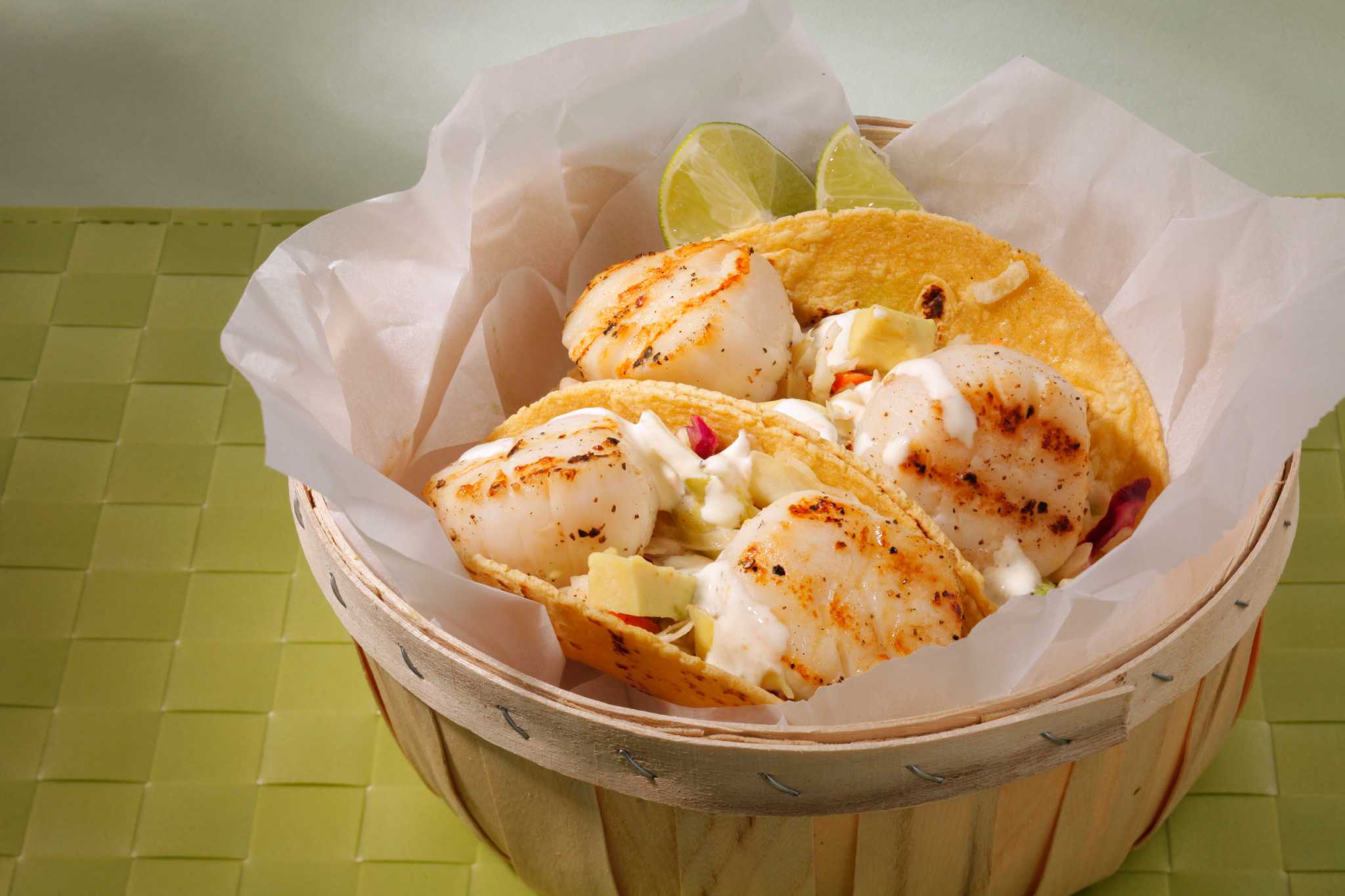 Recipe Grilled Scallop Tacos with Orange Crema & Spicy Slaw