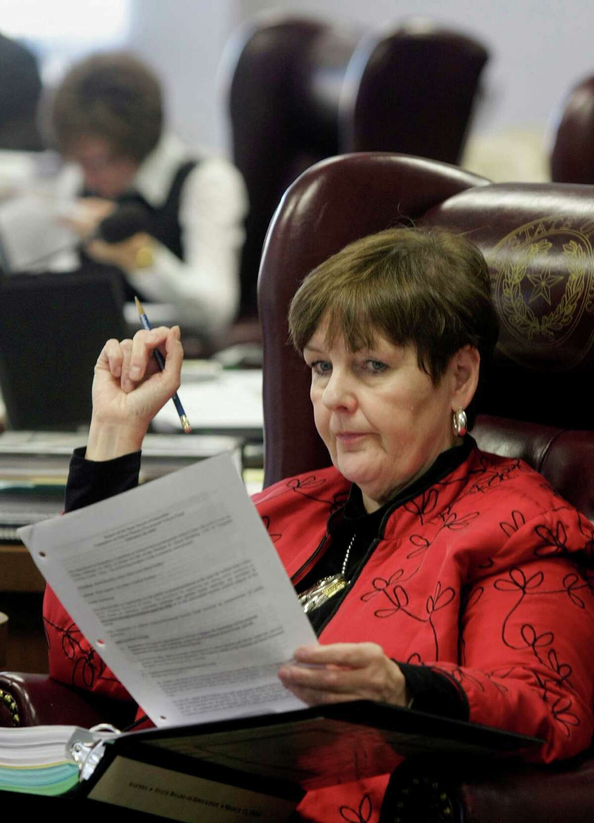 State Board of Education member Patricia Hardy listens to debate during an SBOE meeting in 2010. The Republican from Fort Worth said she sees legislative attempts to give parents state money to cover private school tuition for students with special needs as stepping stone for lawmakers to create a statewide program, which she opposes.  