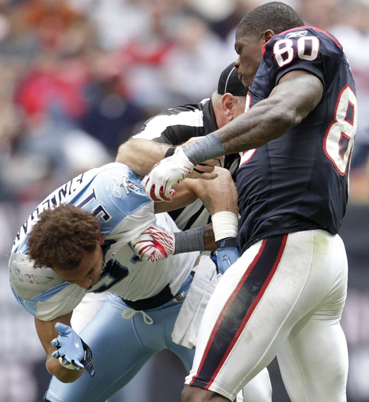 Andre Johnson vs. Cortland Finnegan The quiet, dignified former Texans receiver finally had enough of Finnegan's antics during a November 2010 game at NRG Stadium and laid the smackdown on the Titans quarterback. When Finnegan retired in the spring, he took a shot at Johnson, but it, like his showing in their fight, was pretty weak.