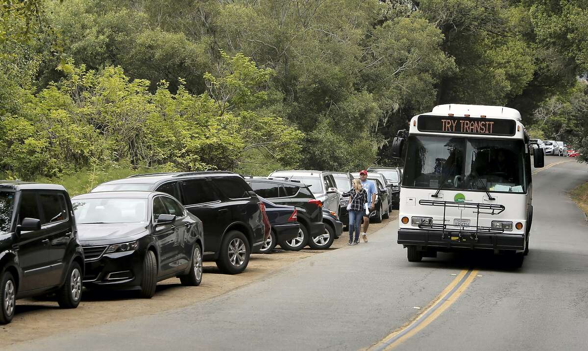 A Marin Transit bus displays a suggestion as it passes lines of parked cars along Muir Woods Road, near Muir Woods National Park, in Mill Valley, Calif. where parking is always challenging as seen on Thurs. July 9, 2015,