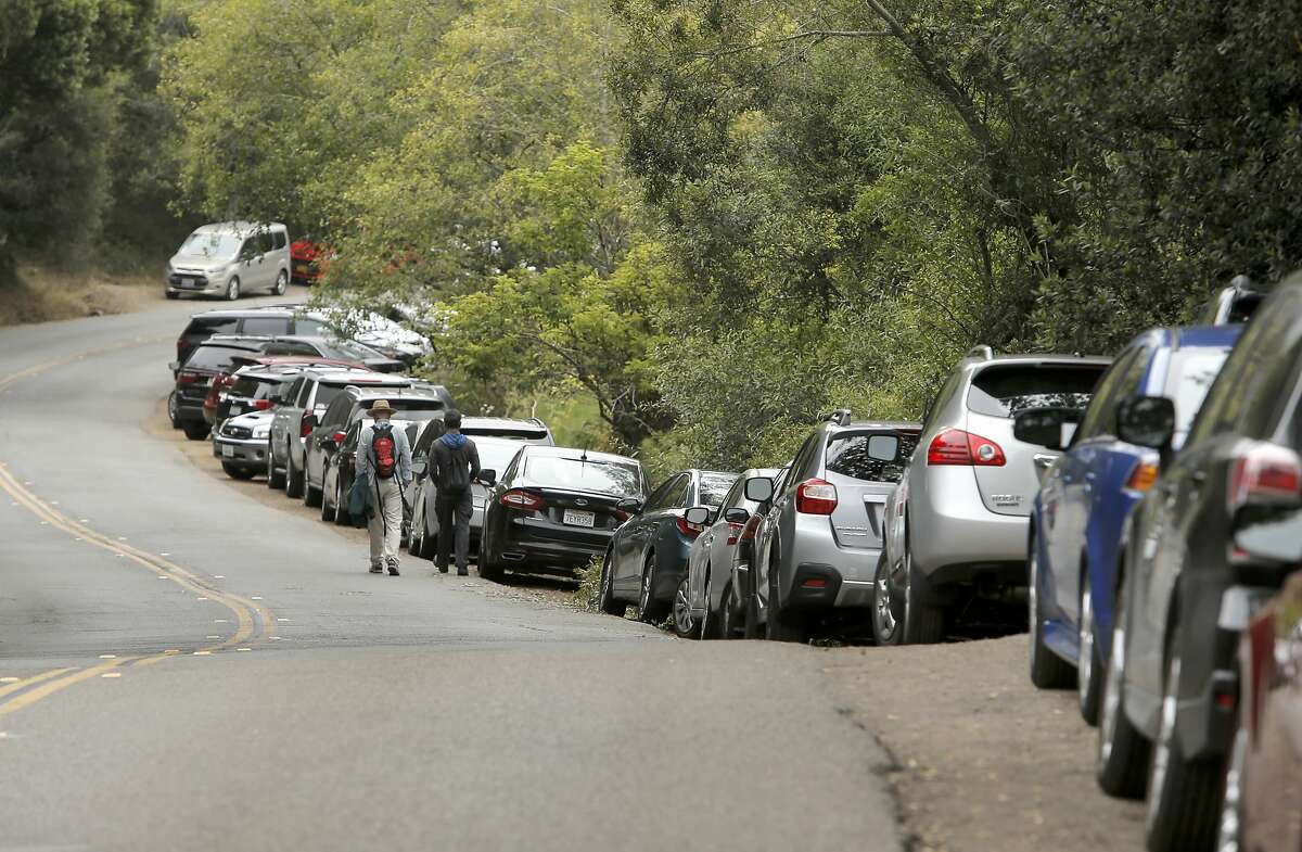 Visitors along Muir Woods Road find parking then walk towards the entrance at Muir Woods National Park, in Mill Valley, Calif., as seen on Thurs. July 9, 2015,