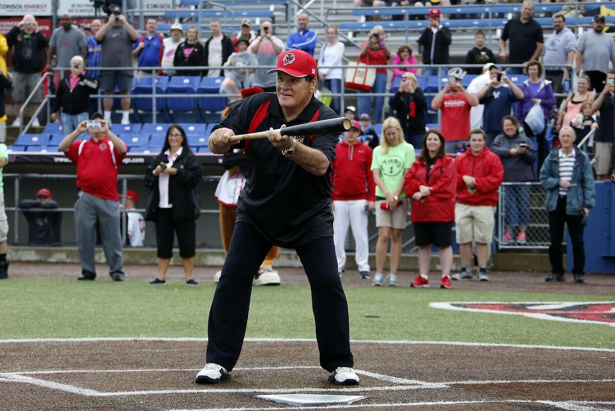 Pete Rose takes a ceremonial first at-bat before before a Frontier League baseball game between the Washington Wild Things and the Lake Erie Crushers in Washington, Pa, Tuesday, June 30, 2015. Rose coach each baseline for a half inning for the the Wild Things after which fans could pay for an autograph and to have their picture take with him. (AP Photo/Gene J. Puskar)