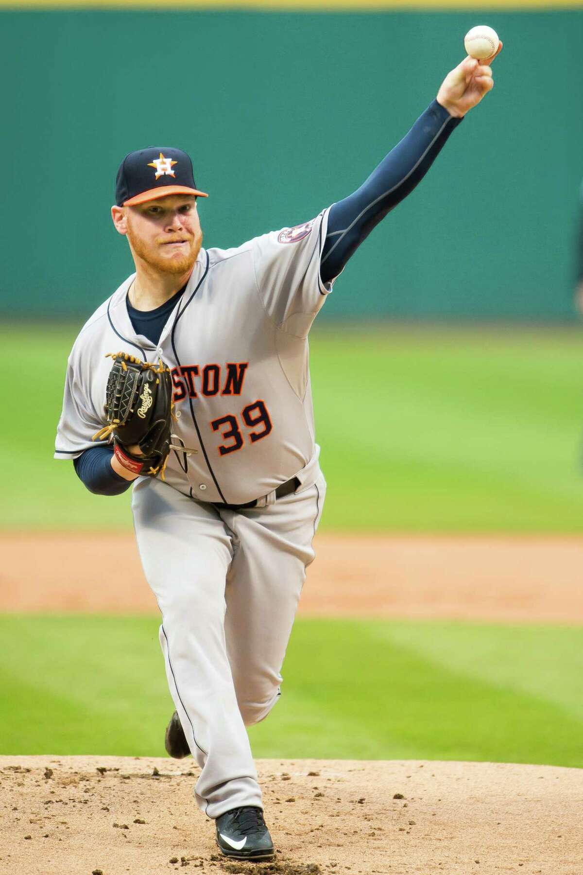 CLEVELAND, OH - JULY 09: Starting pitcher Brett Oberholtzer #39 of the Houston Astros pitches during the first inning against the Cleveland Indians at Progressive Field on July 9, 2015 in Cleveland, Ohio.
