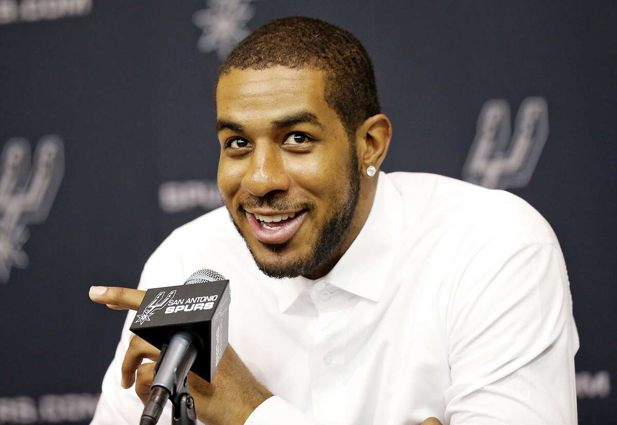 San Antonio Spurs' LaMarcus Aldridge speaks during a press conference at the Spurs practice facility Friday July 10, 2015 where he was officially introduced.
