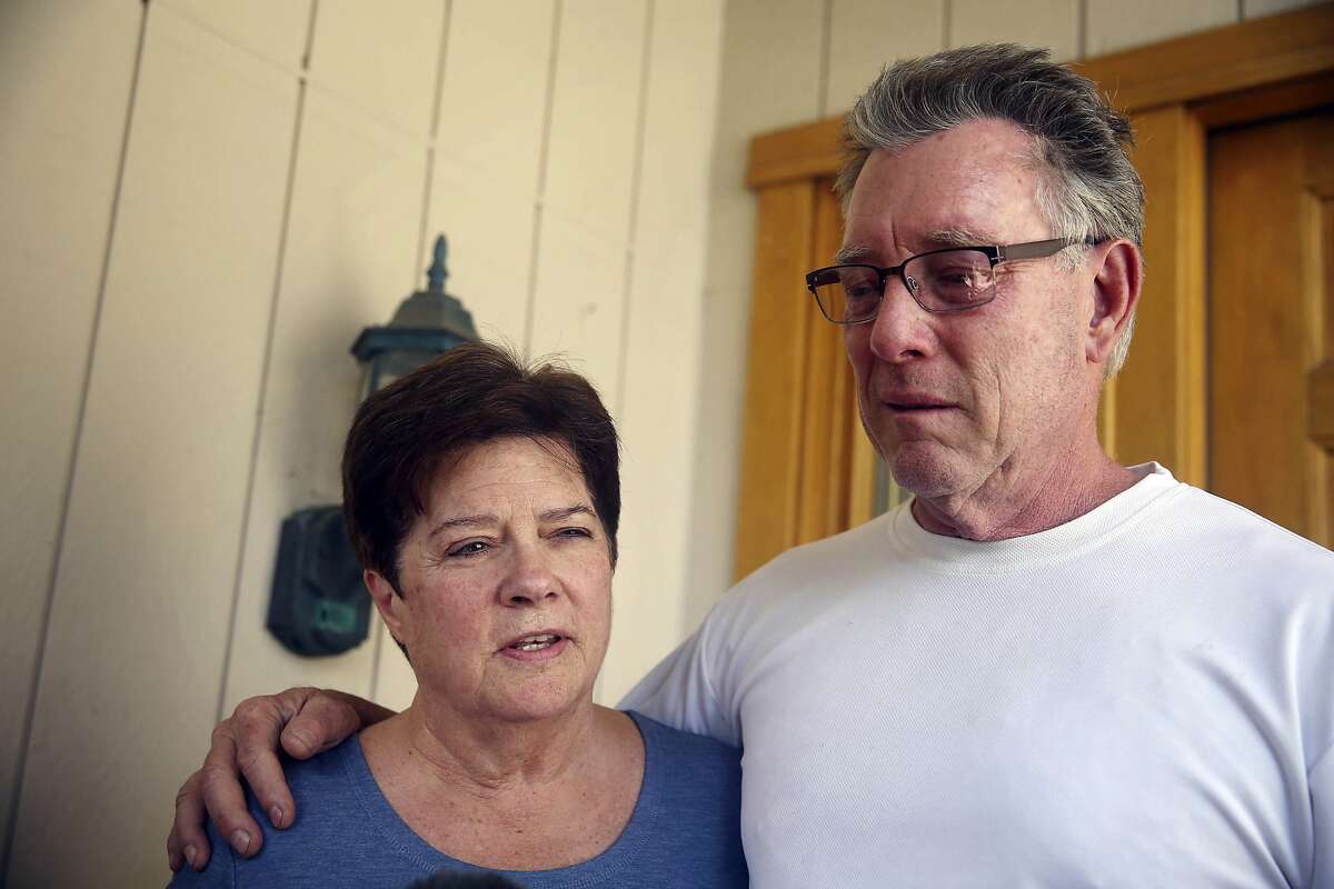 FILE - In this Thursday, July 2, 2015 file photo, Liz Sullivan, left, and Jim Steinle, right, parents of Kathryn Steinle, talk to members of the media outside their home in Pleasanton, Calif. Steinle's parents will be interviewed by Bill O'Reilly Monday, July 13, 2015, for a segment on his Fox News show. Steinle was walking along a San Francisco pier July 1 when she was killed by a gun allegedly fired by Juan Francisco Lopez-Sanchez, who is in the country illegally. (Lea Suzuki/San Francisco Chronicle via AP, File)
