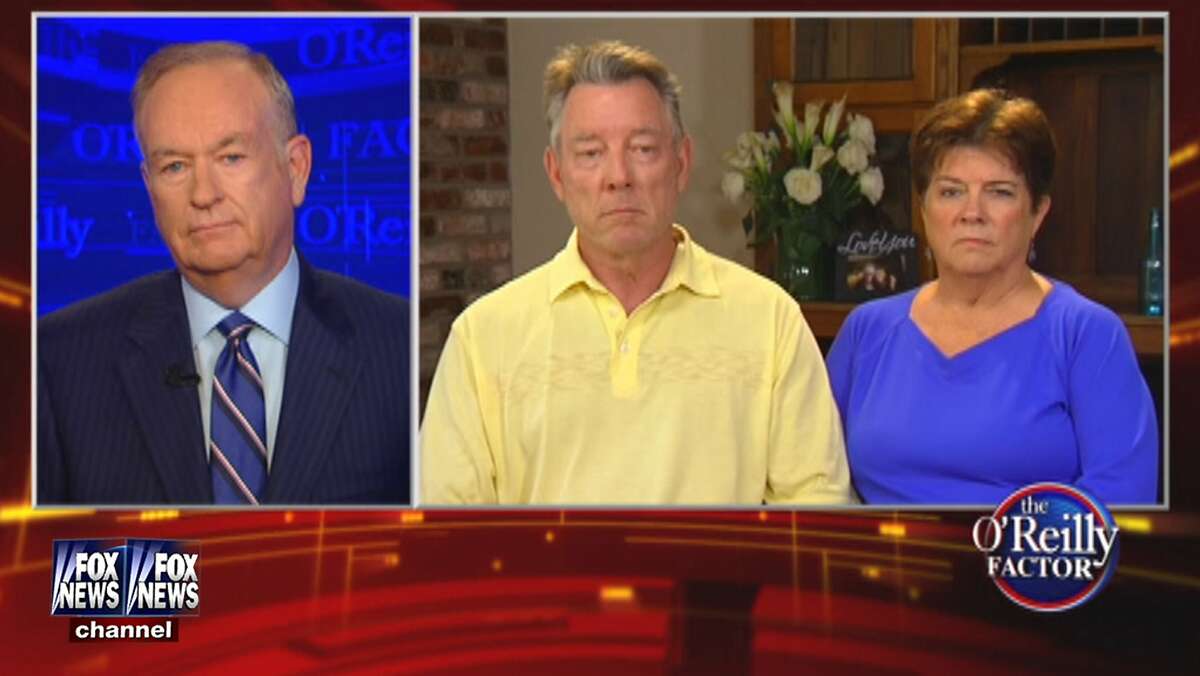 This image provided by Fox News Channel shows, host Bill O'Reilly speaking with James Steinle and Elizabeth Sullivan, parents of Kathryn Steinle, during an interview by satellite for "The O'Reilly Factor" on Monday, July 13, 2015. Steinle was walking along a San Francisco pier July 1, when she was killed by a gun allegedly fired by Juan Francisco Lopez-Sanchez, who is in the country illegally. The interview airs Monday at 5 p.m. PT/8 p.m. ET on the Fox News Channel. (Fox News Channel via AP)