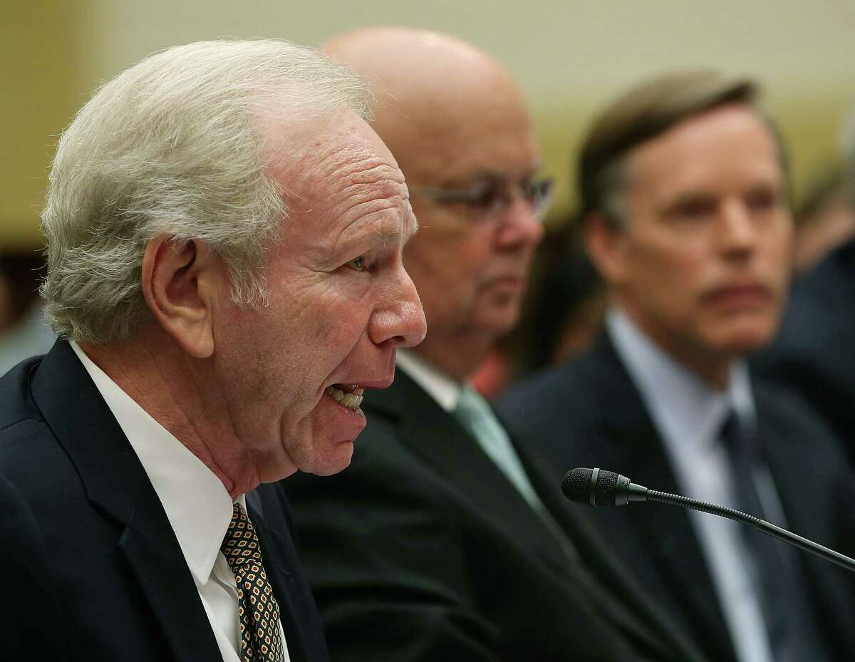 Former Sen. Joseph Lieberman, left, co-chair of the Foundation for the Defense of Democracies, speaks about Iran while flanked by former CIA director and retired Air Force Gen. Michael Hayden, center, and former Undersecretary of State for Political Affairs Nicholas Burns, right during a Foreign Affairs Committee hearing on Capitol Hill on Tuesday in Washington, DC. Lieberman condemned the Iran nuclear deal as "a bad deal for America, a bad deal for Iran’s neighbors in the Middle East and a bad deal for the world."