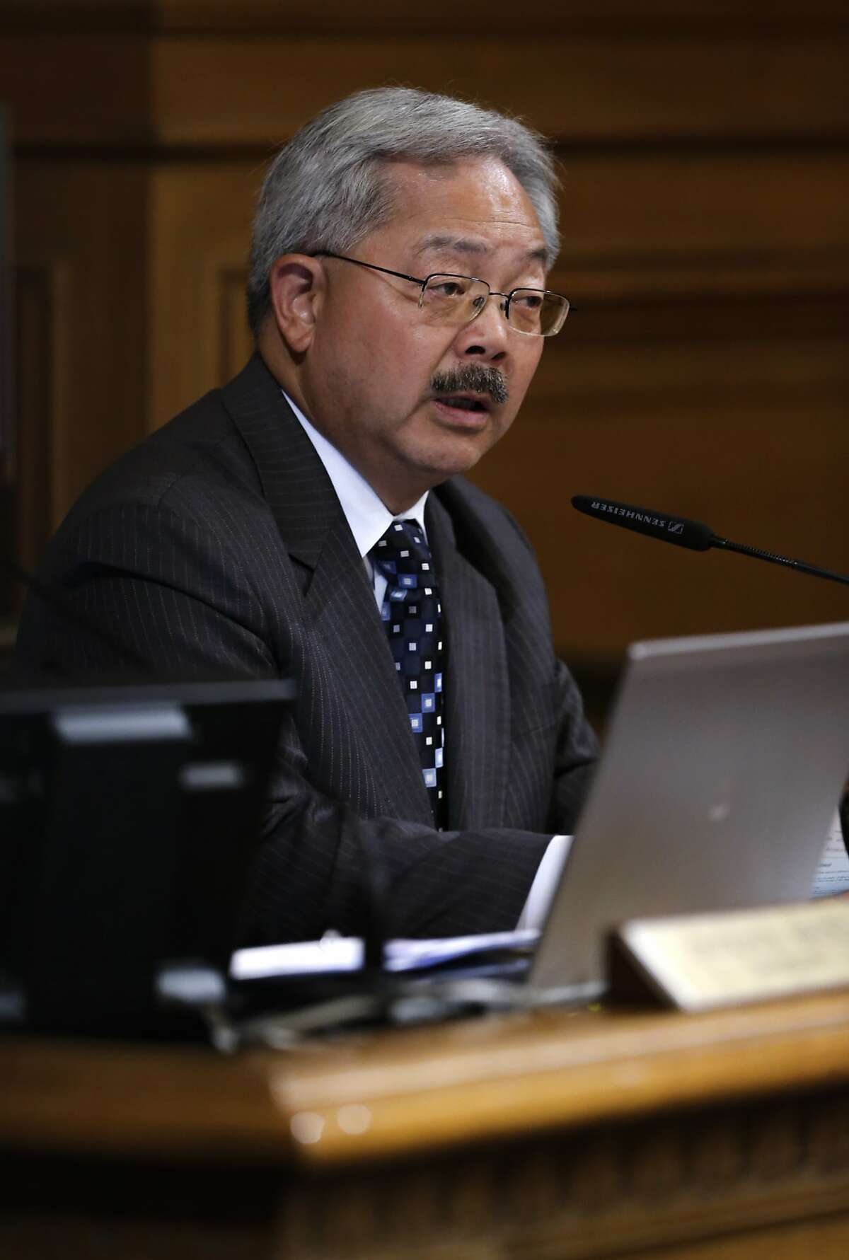 Mayor Ed Lee comments to the board as the San Francisco Board of Supervisors prepared to vote on competing measures to regulate Airbnb and other short-term rental services in San Francisco, Calif., on Tues. July 14, 2015.