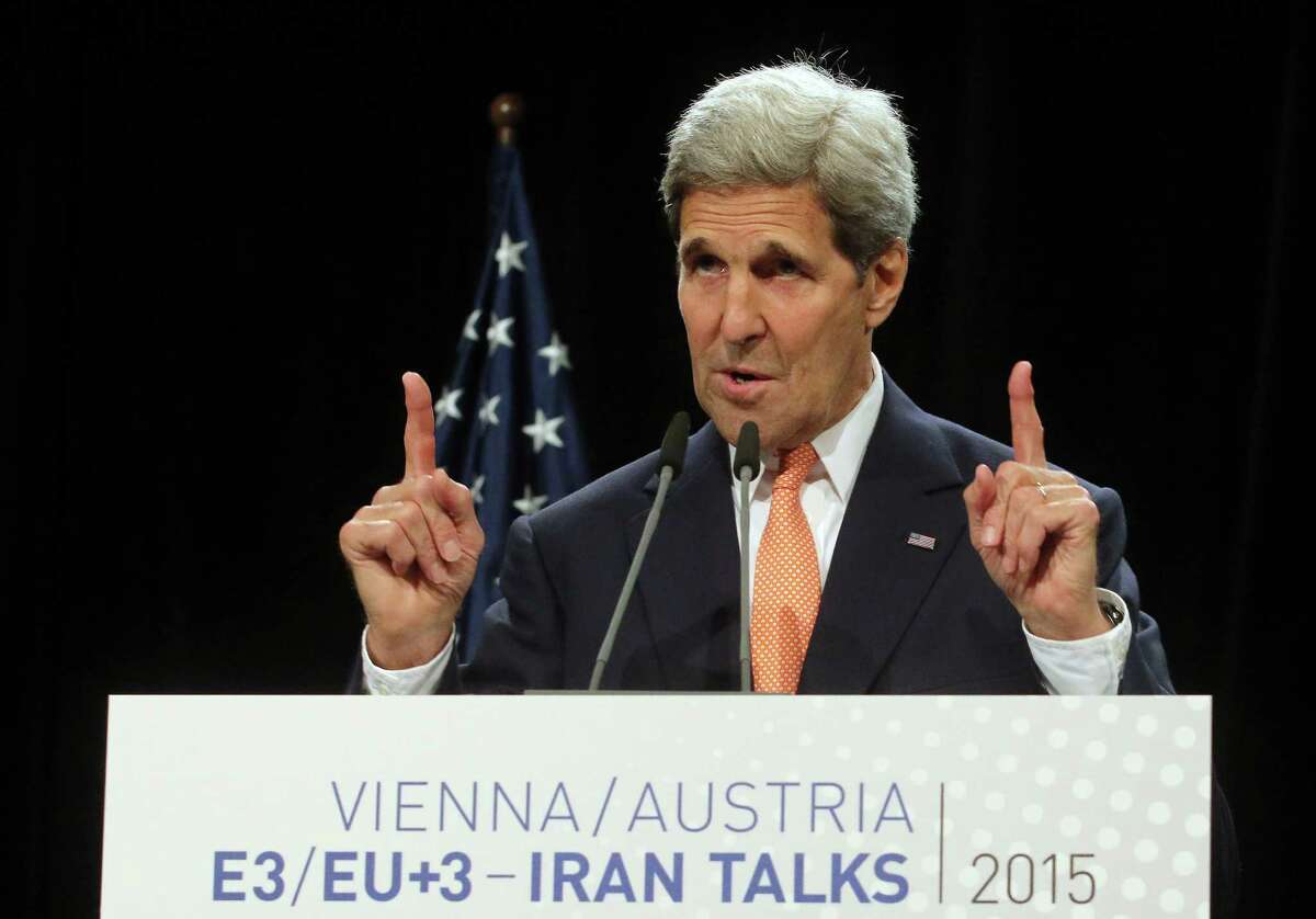 U.S. Secretary of State John Kerry delivers a statement on the Iran talks deal at the Vienna International Center in Vienna, Austria Tuesday July 14, 2015. After 18 days of intense and often fractious negotiation, world powers and Iran struck a landmark deal Tuesday to curb Iran's nuclear program in exchange for billions of dollars in relief from international sanctions, an agreement designed to avert the threat of a nuclear-armed Iran and another U.S. military intervention in the Muslim world. (AP Photo/Ronald Zak) ORG XMIT: XRZ115