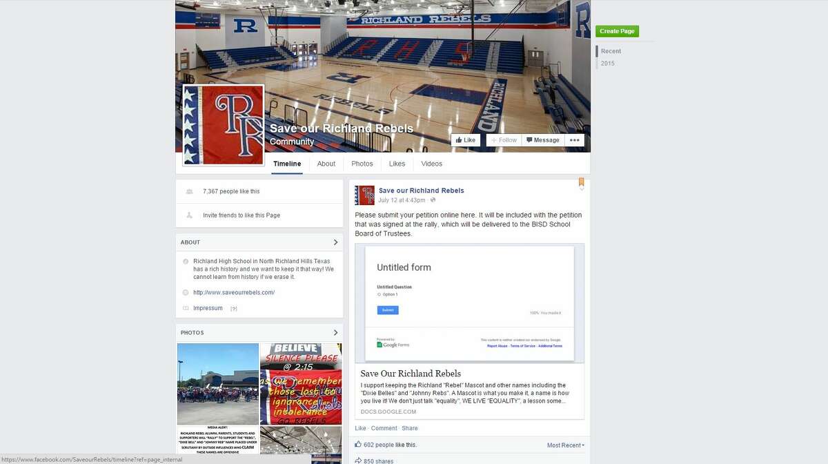 At least 3,600 people have signed an online petition to allow Richland High School in North Richland Hills to keep the names of its mascots — the Rebels, Dixie Belles and Johnny Rebel. A Facebook group called Save our Richland Rebels has more than 7,300 likes.