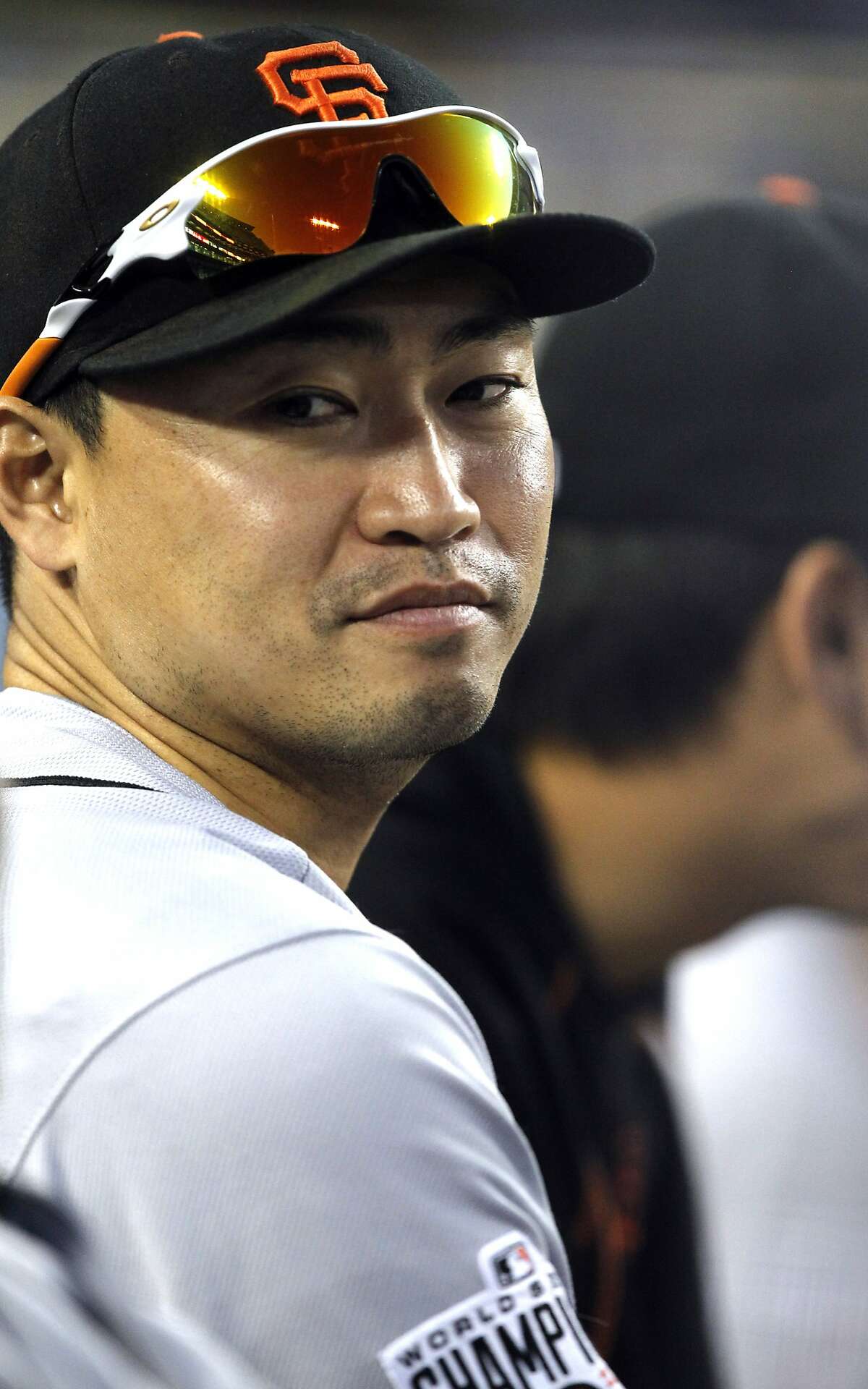 San Francisco Giants' Nori Aoki looks over during a baseball game against the Los Angeles Dodgers in Los Angeles, Sunday, June 21, 2015. (AP Photo/Alex Gallardo)