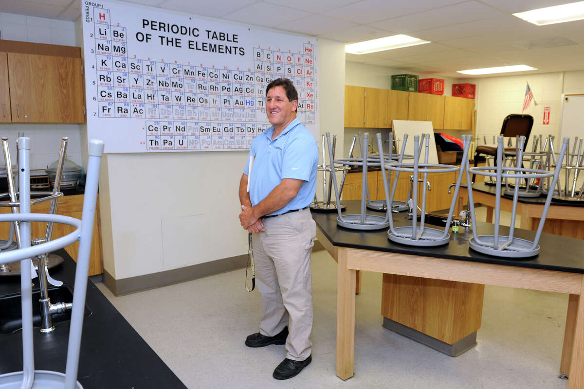 John Barbarotta stands in a chemistry classroom at Trumbull High School, in Trumbull, Conn., June 25th, 2013. Barbarotta represents AFB Management, the construction firm which oversaw the school's renovation.