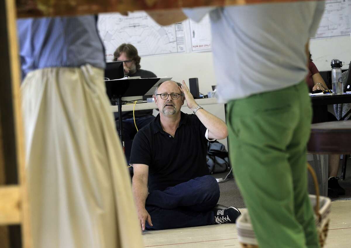 Jonathan Moscone, center, works on a scene with Danny Scheie, right, and Liam Vincent, left, during rehearsal for, "The Mystery of Irma Vep," at Cal Shakes in Berkeley, Calif., on Thursday, July 16, 2015. Cal Shakes Artistic Director Jonathan Moscone is leaving the company at the end of the season to take on a new role with Yerba Buena Center for the Arts.