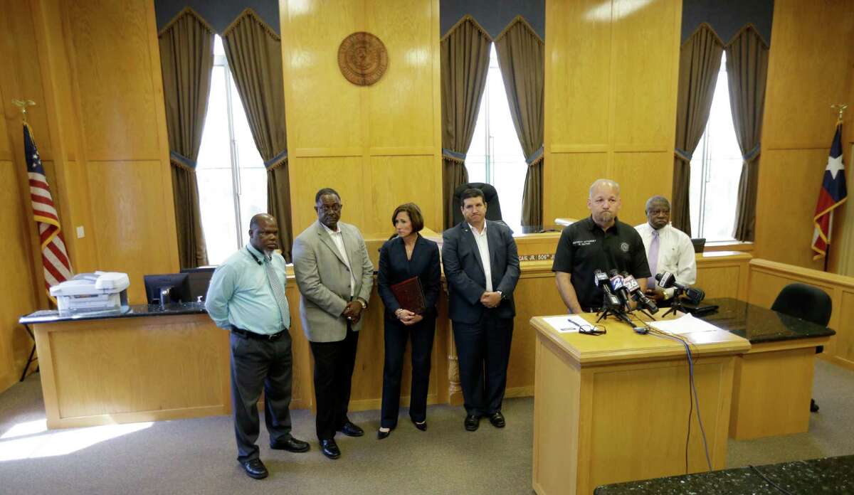 City of Hempstead Mayor Michael Wolfe, left, City of Prairie View Mayor Frank Jackson, Texas State Senator Lois Kolkhorst, Waller County District Attorney Elton Mathis and Prairie View Police Chief Larry Johnson, right, hold a media conference at the Waller County Courthouse Friday, July 17, 2015, in Hempstead. The news conference was about the death of Sandra Bland, who was found hanging in a jail cell by a plastic trash bag on Monday, three days after being arrested during a traffic stop near Prairie View A&M University.